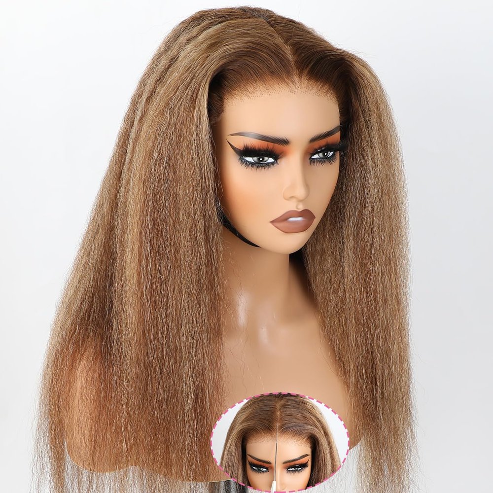 Domiso 22 Inch Highlight 4/27 Wear and Go Glueless Wig Ombre Kinky Straight HD Lace Pre Cut 6x4.6 HD Lace Wigs Human Hair for Women Yaki Glueless Wig with Elastic Band Natural Hairline 200% Density