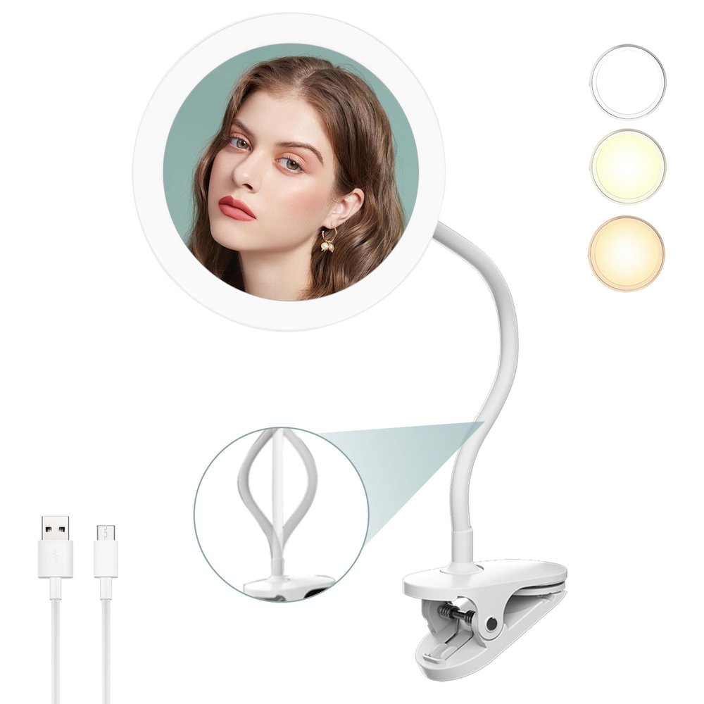 10X Magnifying Clip on Makeup Mirror Gooseneck, 6.5" Vanity Mirror with Light, 2000mAh USB Recharge 360 Rotating,Clip On Gooseneck Magnifying Vanity Mirror with Light,Travel Makeup Mirror (White 10X)
