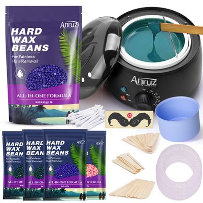 Anruz Waxing Kit + 1lb Hard Wax Beads Lavender, Multiple Formulas Target Different Types of Hair for Sensitive Skin Body, Brazilian Bikini, Eyebrow, Facial