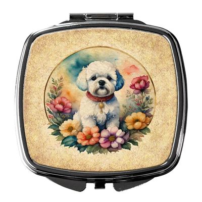 Caroline's Treasures Bichon Frise and Flowers Compact Mirror Decorative Travel Makeup Mirror for Women Girls Gifts Pocket Makeup Mirror Folding Handheld