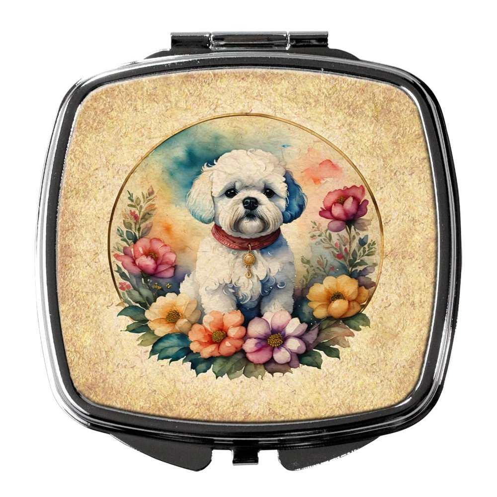 Caroline's Treasures Bichon Frise and Flowers Compact Mirror Decorative Travel Makeup Mirror for Women Girls Gifts Pocket Makeup Mirror Folding Handheld