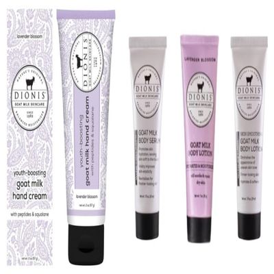 Dionis Lavender Blossom Youth Boosting Goat Milk Hand Cream, 2oz + Goat Milk Body Serum & Body Lotion & Lavender Blossom Body Lotion, 1oz each