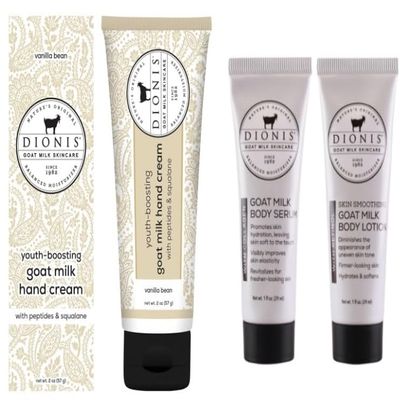 Dionis Vanilla Bean Youth Boosting Goat Milk Hand Cream, 2oz + Goat Milk Body Serum & Body Lotion, 1oz each