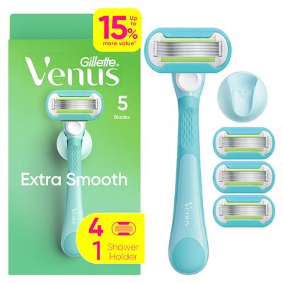 Gillette Venus Extra Smooth Razor for Women, Includes 1 Reusable Razor Handle + 4 Refills, 5-Bladed, Ergonomic No-Slip Gel Handle and Shower Holder, Holiday Gifts for Women