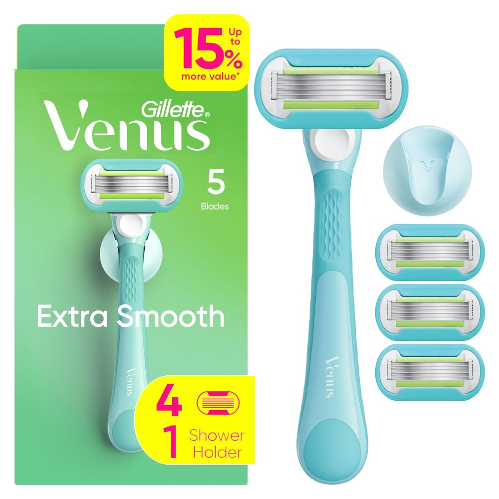 Gillette Venus Extra Smooth Razor for Women, Includes 1 Reusable Razor Handle + 4 Refills, 5-Bladed, Ergonomic No-Slip Gel Handle and Shower Holder, Holiday Gifts for Women