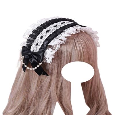 TTYAO REII Bow Lace Headband Lolita Fashion Maid Hairband Pearl Chains Headdress Lolita Dress Hair Accessories (Black)