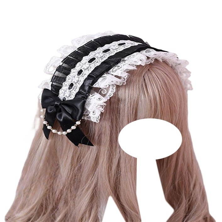TTYAO REII Bow Lace Headband Lolita Fashion Maid Hairband Pearl Chains Headdress Lolita Dress Hair Accessories (Black)