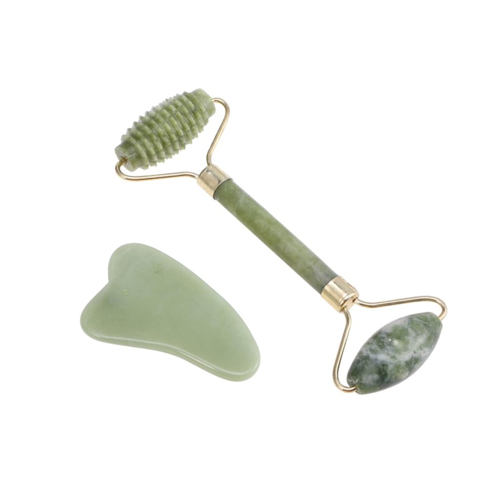 COLLBATH 2pcs Natural Jade Facial Massaging Set Scraping Plate Massage Roller Manual Tool for Neck Face Body Relief Smooth Texture for Safe Use