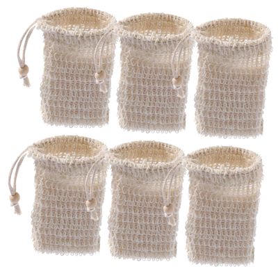 6 Pack Soap Bags with Drawstring Lanyard Cotton Linen Beige