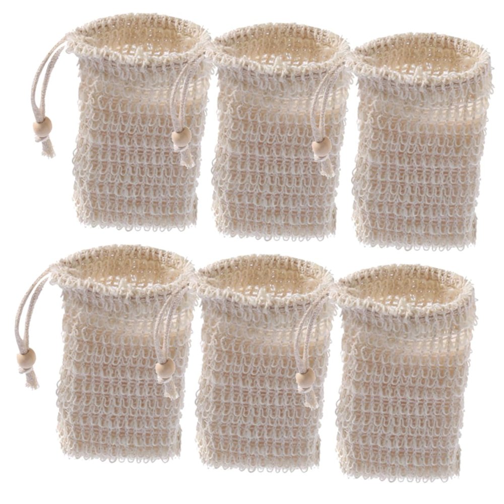 6 Pack Soap Bags with Drawstring Lanyard Cotton Linen Beige