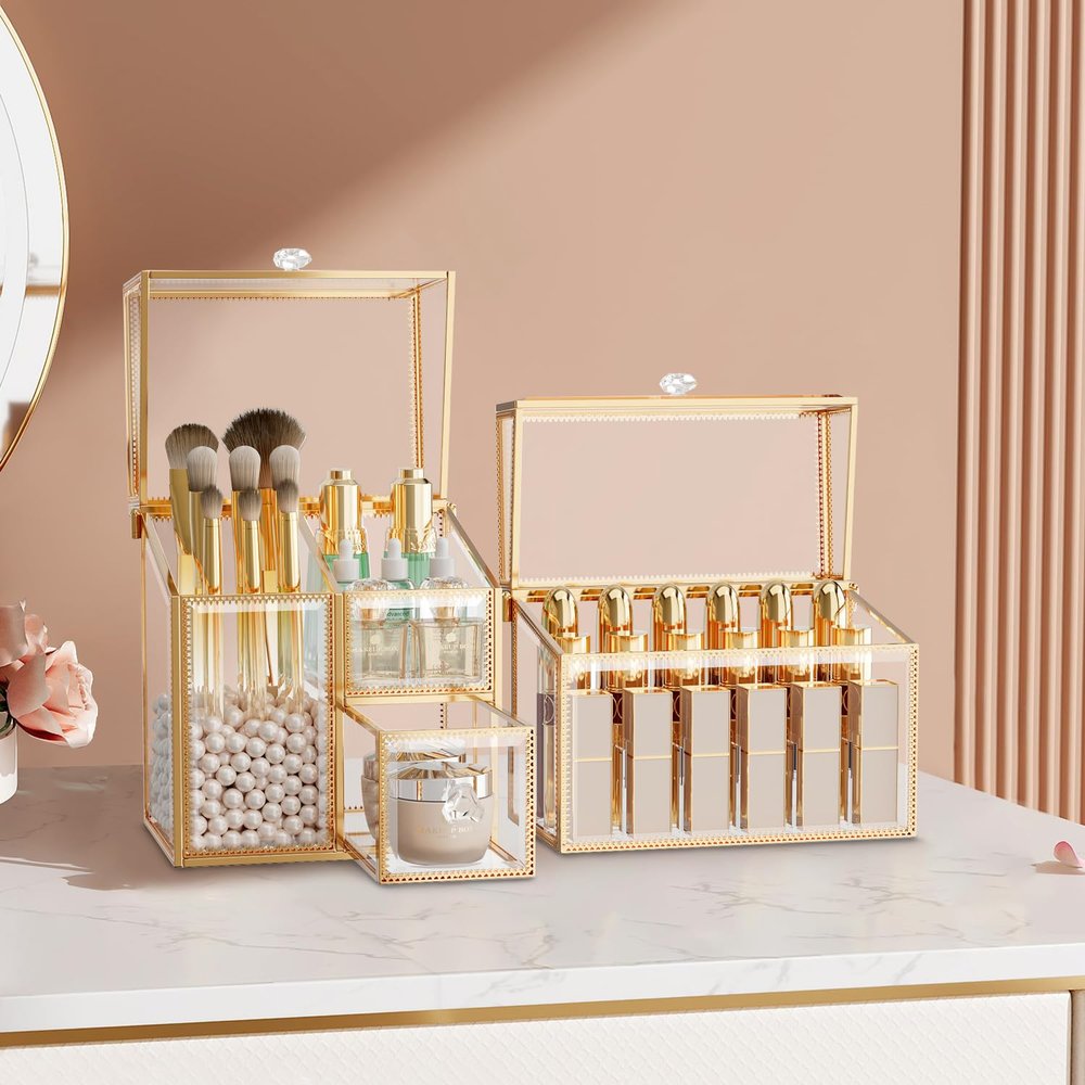 CoralHouse Glass Makeup Organizer Set Vanity Organizer with 18-Slot Lipstick Organizer & Makeup Brush Holder with Lid Skincare, Perfume & Cosmetic Storage for Bathroom or Dresser