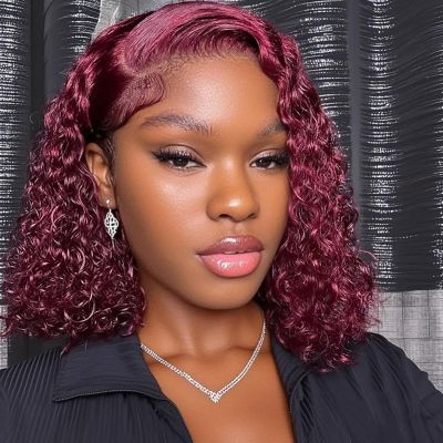 Realloves 14 Inch 99J Burgundy Deep Wave Curly Bob Wig for Black Women 180% Density Human Hair 13x4 HD Lace Front Wigs