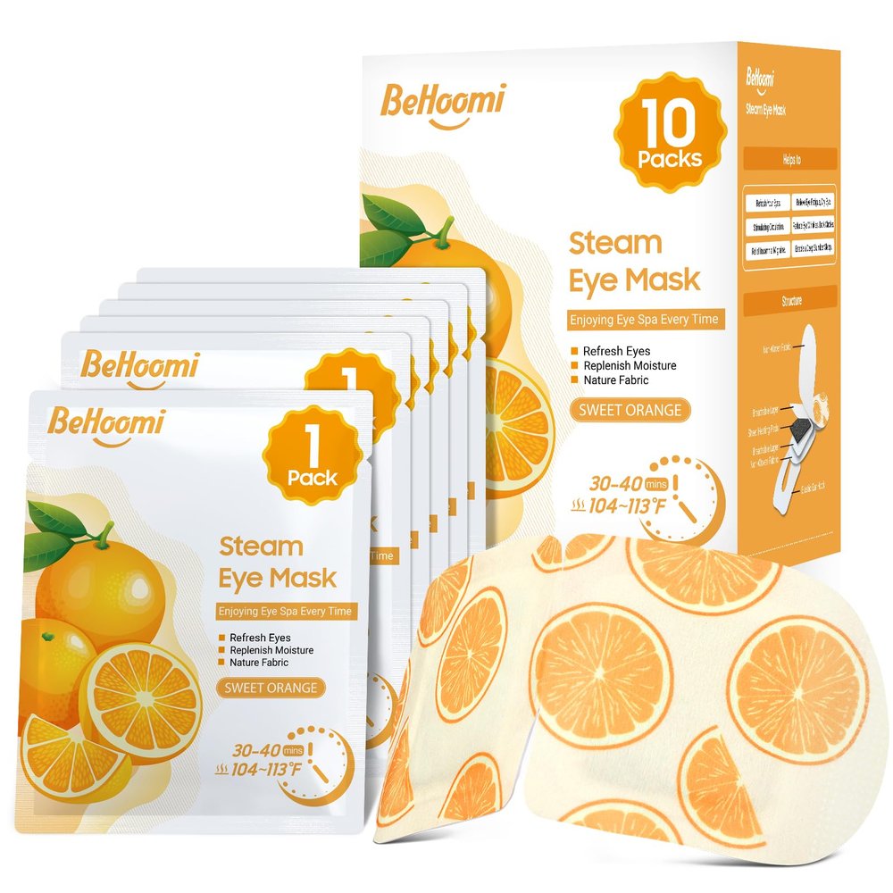 BeHoomi Steam Eye Mask, 10 Packs Heated Eye Mask, Self Heating Disposable SPA Warm Compress for Eyes Sleep Mask, Travel Essentials & Relaxation Gifts, Stocking Stuffers (Orange Scent)