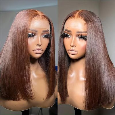 oulaer Chocolate Brown Short Bob Cut Wig 13x4 HD Lace Front Wigs Straight Bob Wig For Women Melt Skins Brazilian Remy Hair Pre Plucked With Baby Hair Glueless Wig 150% Density 14Inch