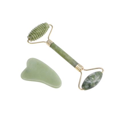 BUTIFULSIC 2pcs Natural Jade Massage Tool Set Facial Scraper and Roller for Skin Care Gua Board and Massaging Roller for Safe for Skin Types