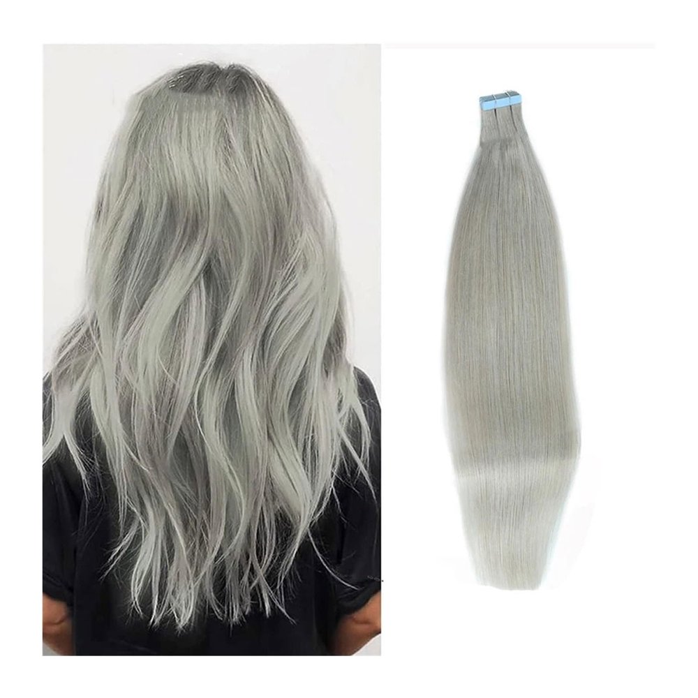 Tape in Hair Extensions Straight Tape in Hair Extensions Human Hair Silver Gray Tape In Extensions Straight Skin Weft Adhesive Tape In Grey Remy Hair Tape Extension Hair Extensions ( Size : 40Pcs(100G