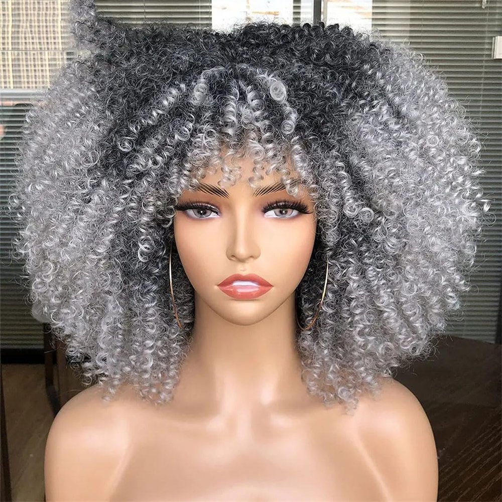 Hcclijo Short Hair Afro Kinky Curly Wig With Bangs For Black Women Synthetic Cosplay Lolita Ombre Glueless Blue Pink Red Wig 1B-0906 14inches