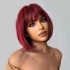 YOUNIGA Wine Red Bob Wig With Bangs 12 Inch Burgundy Wig Short Synthetic Fiber Bob Wigs for Women Short Bob Wigs and Halloween Cosplay Wig for Daily Life Colorful Wigs With One Cap (Wine Red) view 2