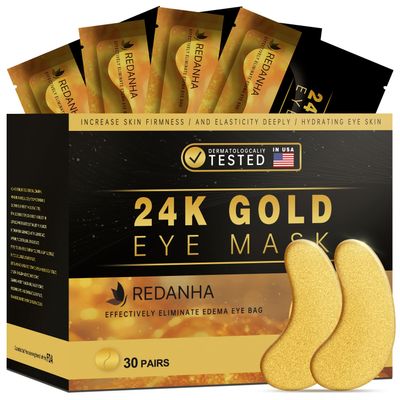 REDANHA 30 Pairs 24K Gold Under Eye Patches Face Masks Dark Circles Puffy Eye Bags Collagen Skincare Spa Trip Eye Mask Gift