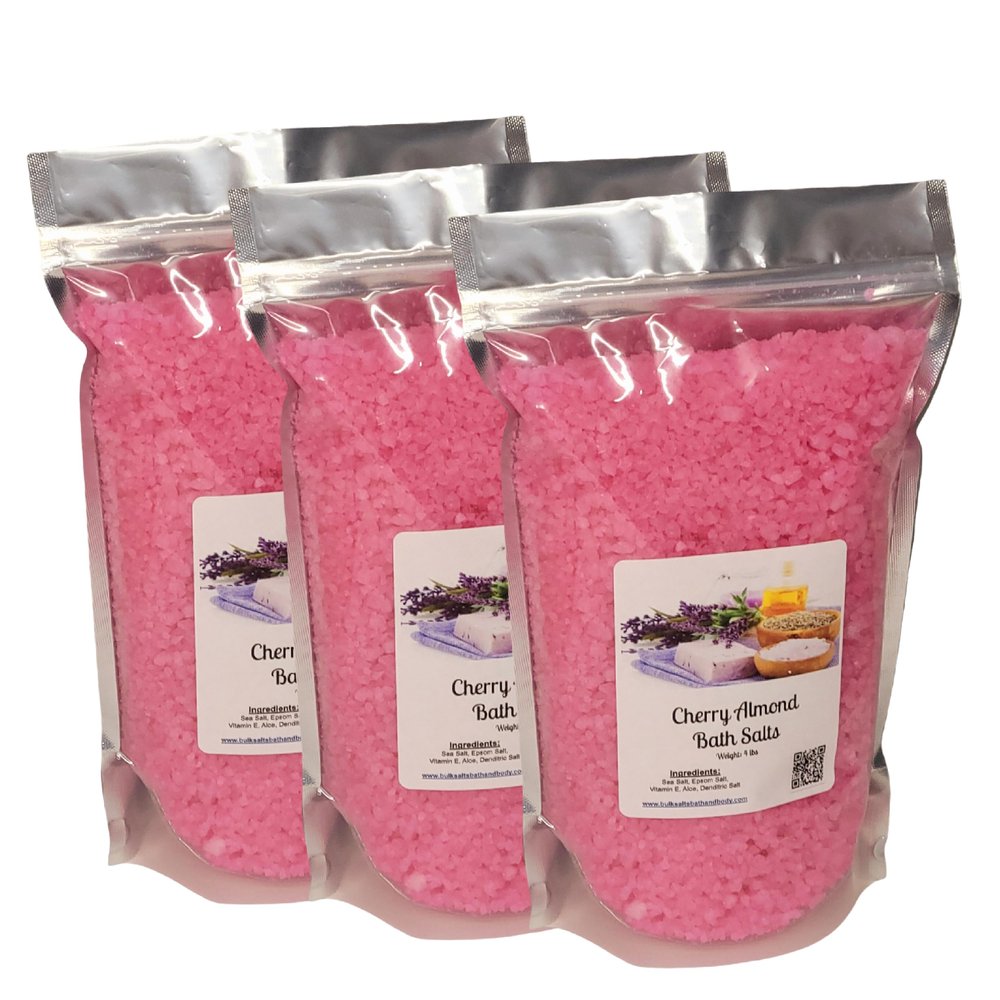 Bath Salts | 12lbs (3) 4lb Bags (192 oz.) | Cherry Almond Scent | Epsom Salt | Sea Salt | Bathing | Body Care | Beauty | Relaxation | Spa | Pedicure | Manicure