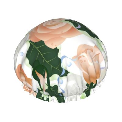 Rose And Dew Pattern Shower Caps Reusable Bath Cap Double Layers Waterproof Shower Cap for Women Long Hair