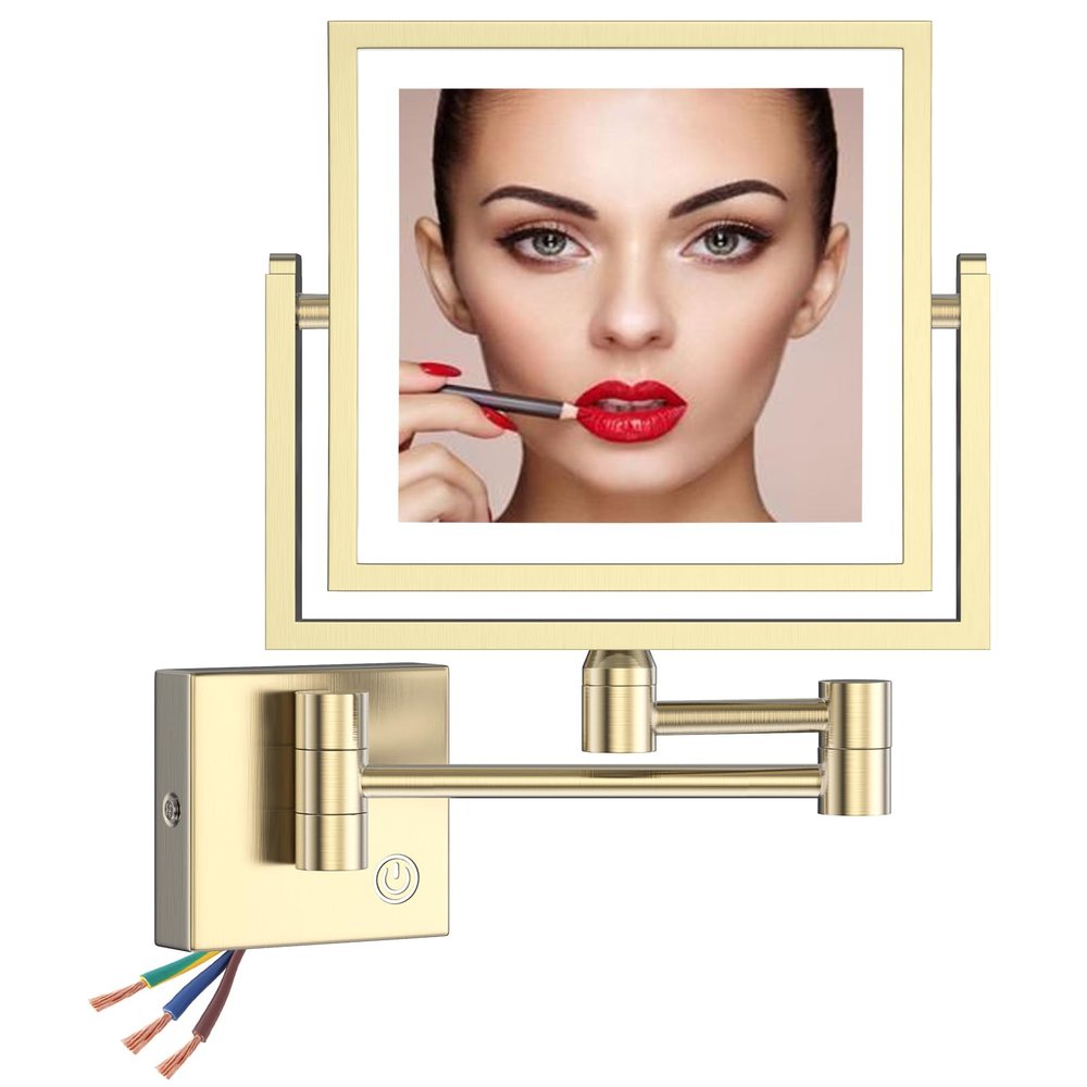 RECKODOR 8" Square Makeup Mirror Wall Mount with Light and Magnifying, 3X Beauty Magnified Mirror Wall-Mounted, Illuminated Bathroom Vanity Mirror for Shaving Cosmetic Touch Sensor Dimmable Hardwired