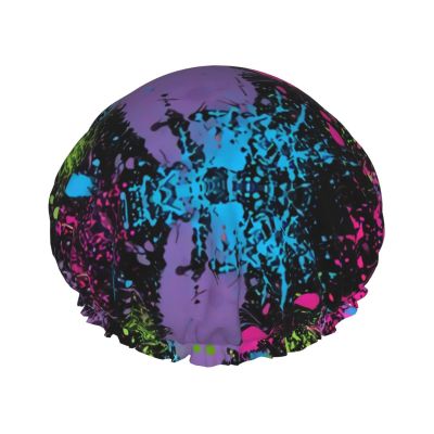 Rainbow of Neon Paint Splatters Shower Caps Reusable Bath Cap Double Layers Waterproof Shower Cap for Women Long Hair