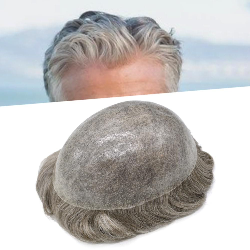 Hair Piece For Mens Toupee Human Hair Replacement System For Men Hairpieces Poly Toupee Hair Systems Protesis Capilar Para Hombre 8X10#550#5 Medium Light Brown+50% Grey 120% Density