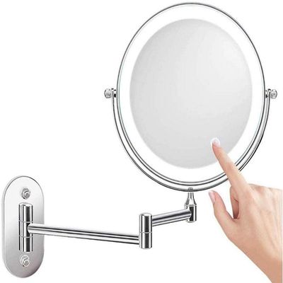 Makeup Mirror 5X LED Wall Mounted Makeup Mirror with Dimmable Lights Stainless Steel Magnifying Wall Bathroom Mirror Touch Screen, USB Rechargeable