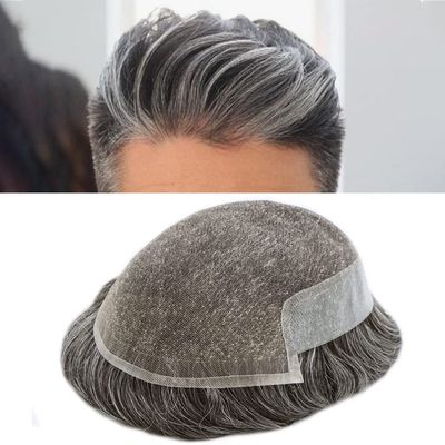PUNRU HAIR Human Hair System For Men Lace Front With Poly Mens Toupee Natural Hairline Mens Hair Replacement System Bleached Knots Hairpiece 7"X9" #1B60 Off Black with 60% gray -120% density