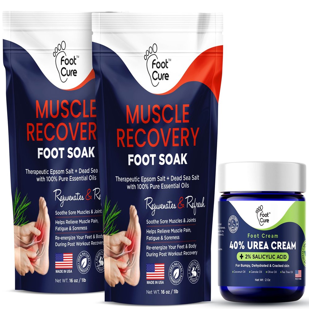 Muscle Relief Foot Soak with Epsom Salts - All Natural Salts for Post Workout Recovery - Softens Calluses - Soothes Sore & Tired Feet & Tea Tree Oil Foot Cream - Moisturizing Athletes Foot Care