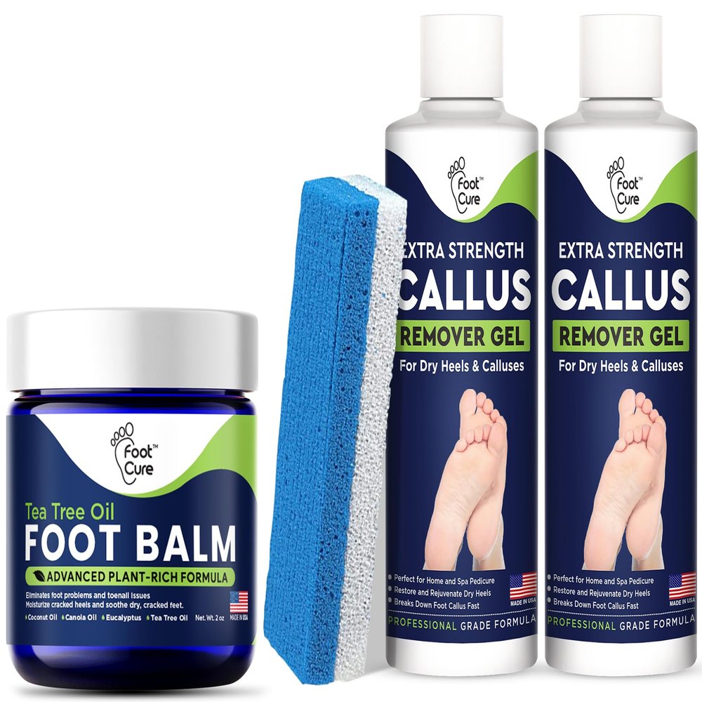 Callus Remover for Feet with Extra Strength Gel & Foot Pumice Stone Set - Easy Way to Remove Hard Calluses & Dead Skin & Tea Tree Oil Foot Balm/Moisturizer for Dry Cracked Feet