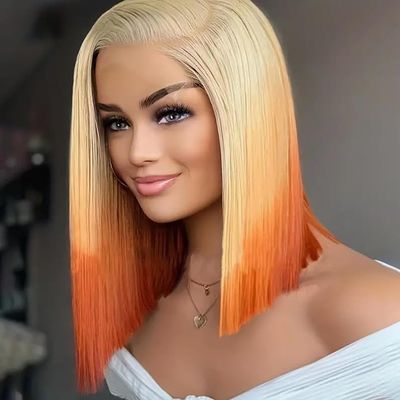 12 Inch Wig Human Hair Frontal Lace Wig, Human Hair Gradient Color Straight Wigs Human Hair for Black Women Pre Plucked with Natural Baby Hair