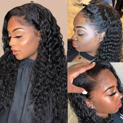 13x4 Deep Wave Lace Front Wigs, Human Hair for Black Women Glueless Curly Lace Frontal Wigs Human Hair Pre Plucked with Baby Hair for Daily Dress Cosplay Party,24in