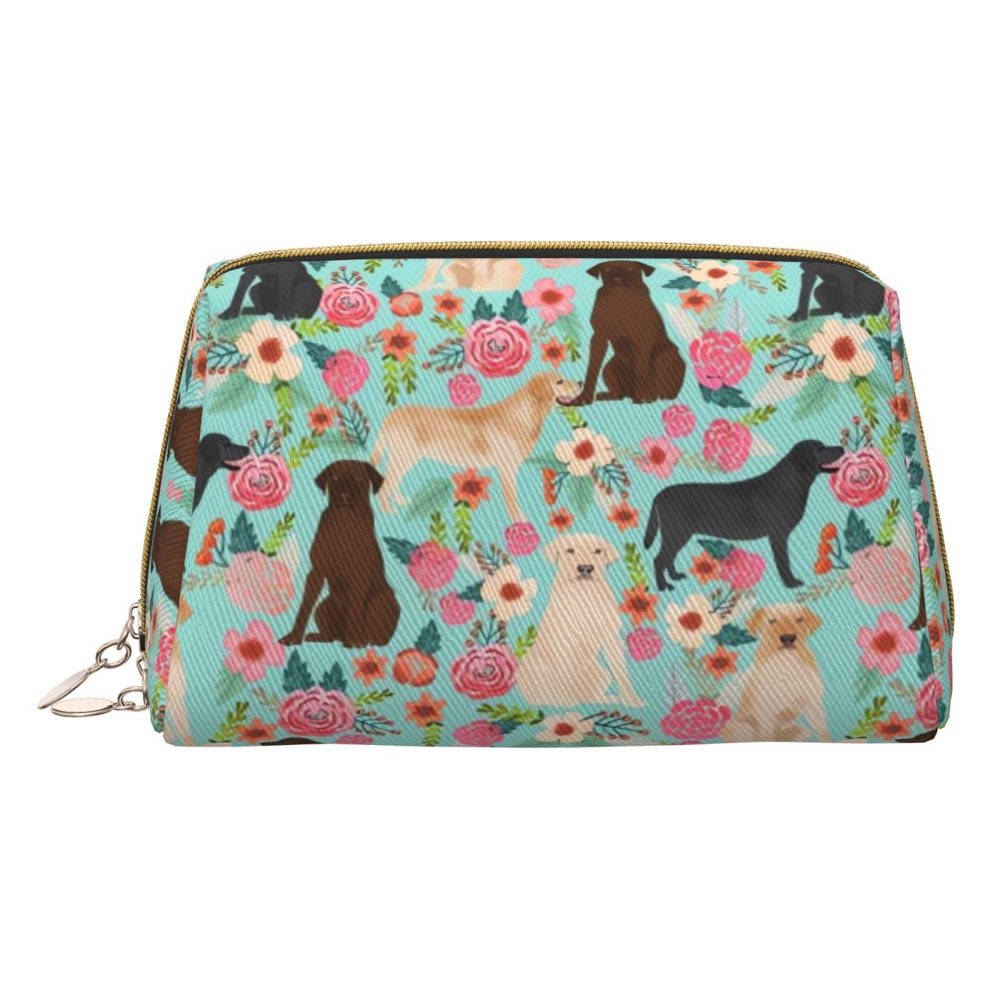 Xsovgoi Abrador Retriever Dog Flower Floral Leather Makeup Bag Organizer Travel Cosmetic Bag 6.7"X3"X4.3"