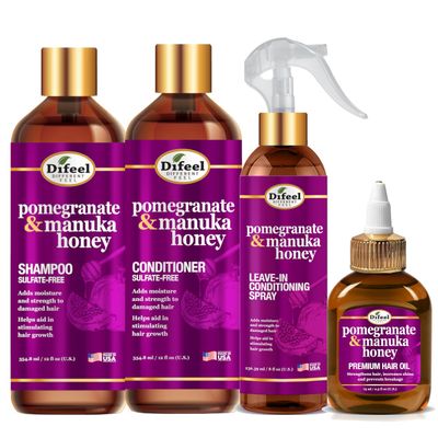 Difeel Pomegranate & Manuka Honey Hair Care Set - 12oz Shampoo, 12oz Conditioner, 8oz Leave-in Spray, 2.5oz Hair Oil