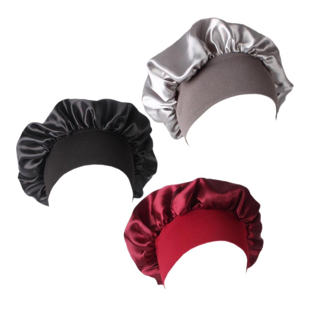 SHERCHPRY 3pcs Satin Sleep Cap for Women Chemo Caps Elastic Wide Bands Wine Lightweight and Hair for Comfortable Sleep