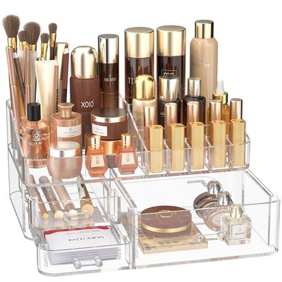 DALEMKY Makeup Organizer for Vanity, Acrylic Large Desk Organizer with Drawers, Ideal Vanity Holder for Cosmetics, Lipsticks, Nail Polish, Skincare, Countertop, Bathroom, Dresser