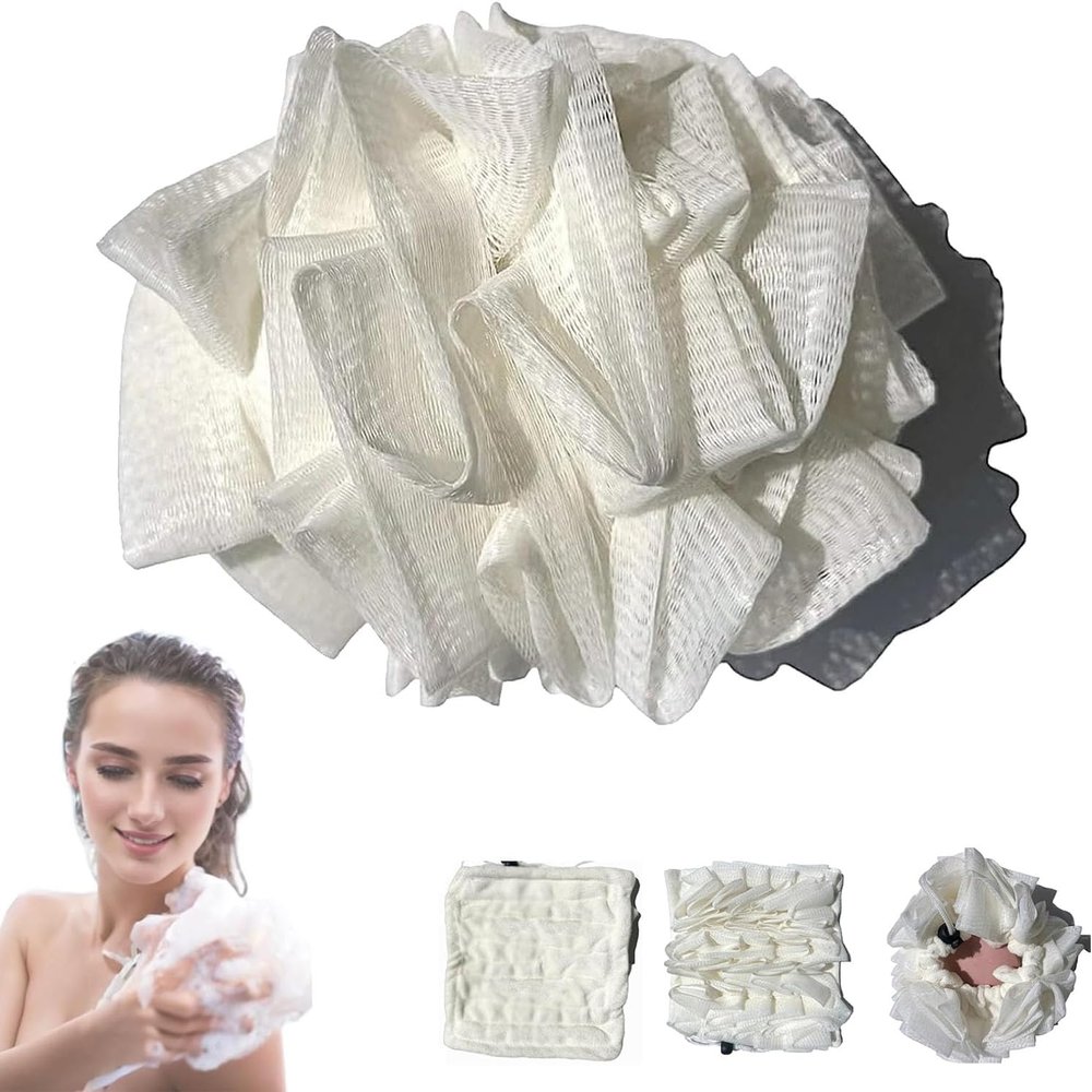 Acuirw 2-in-1 Bath Loofah Sponge, Super Soft Exfoliating Bath Sponge Able to Wrap The Soap, Dual Function Loofah and Washcloth, Exfoliating Loofah Sponge, White