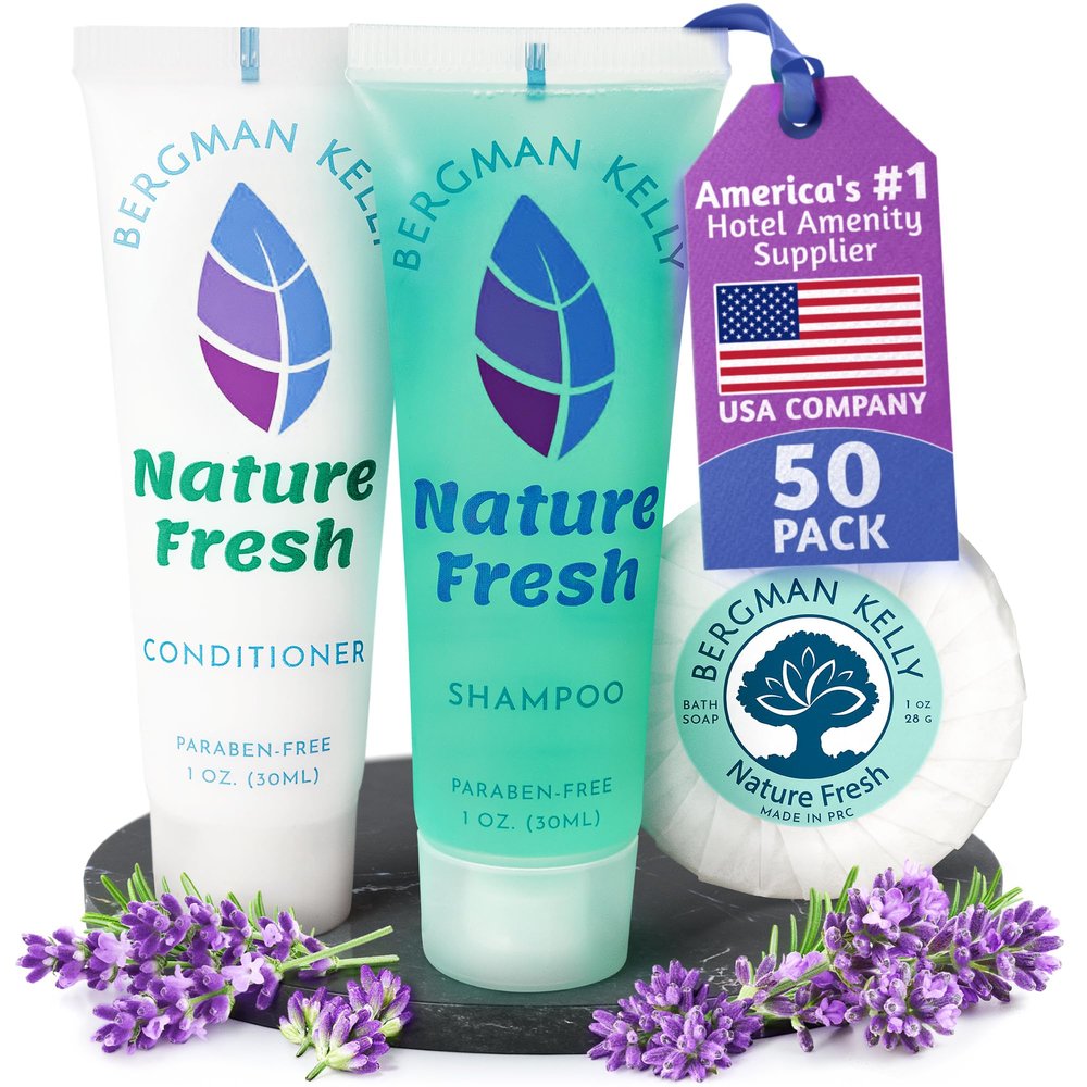 Bergman Kelly Round Hotel Soap Bars, Shampoo & Conditioner 3-Piece Set (1 oz each, 150 pc, Nature Fresh), Delight Your Guests with Refreshing & Soothing Mini Travel Toiletries & Bulk Amenities