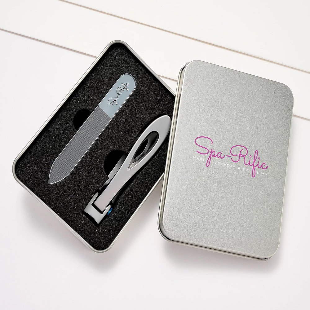 Spa-Rific 3pc Set of Wide Jaw Ergonomic Nail Clippers and Nano Glass Laser Etched Nail File - Stainless Steel