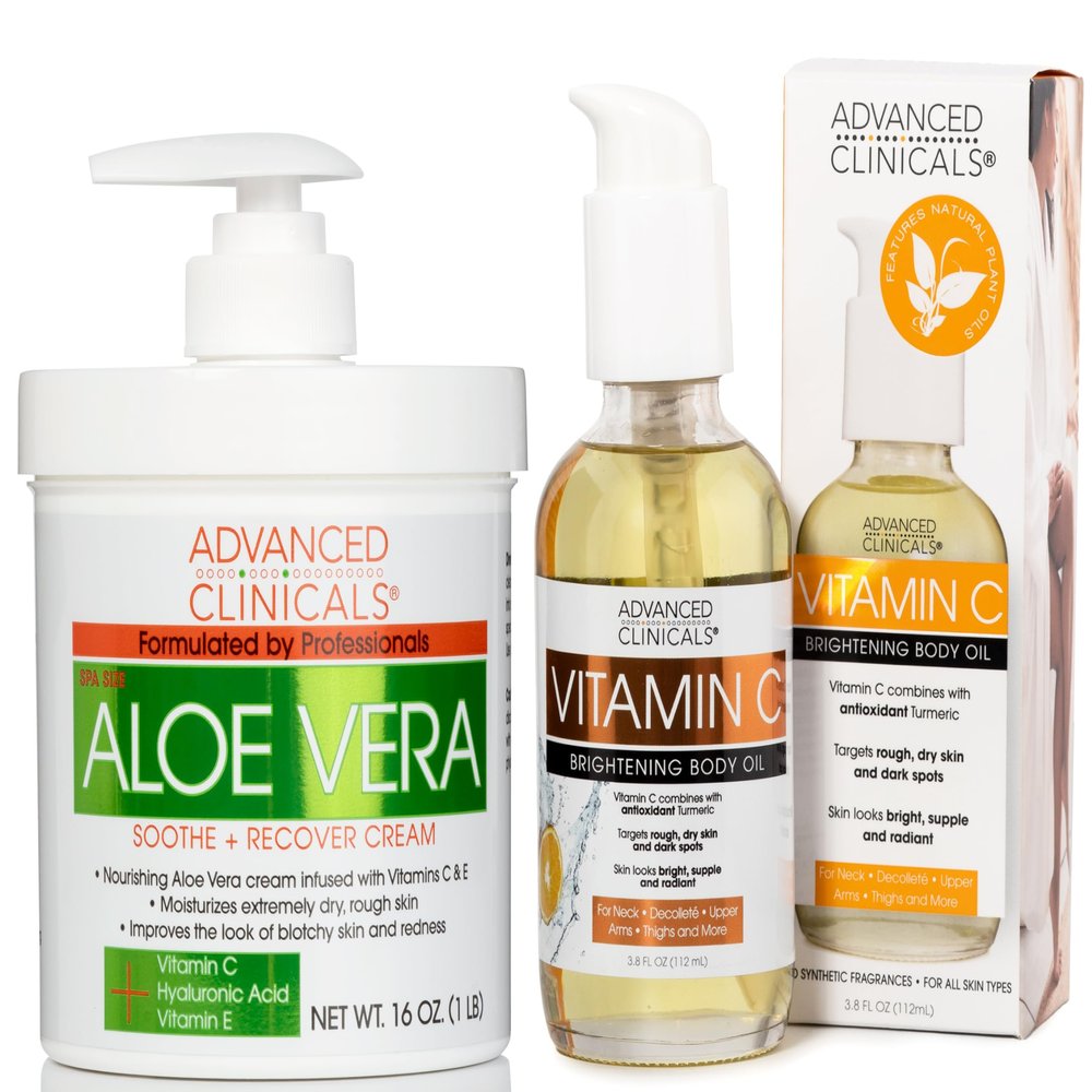 Advanced Clinicals Aloe Vera Skin Repair Cream + Vitamin C Brightening Body Oil Set