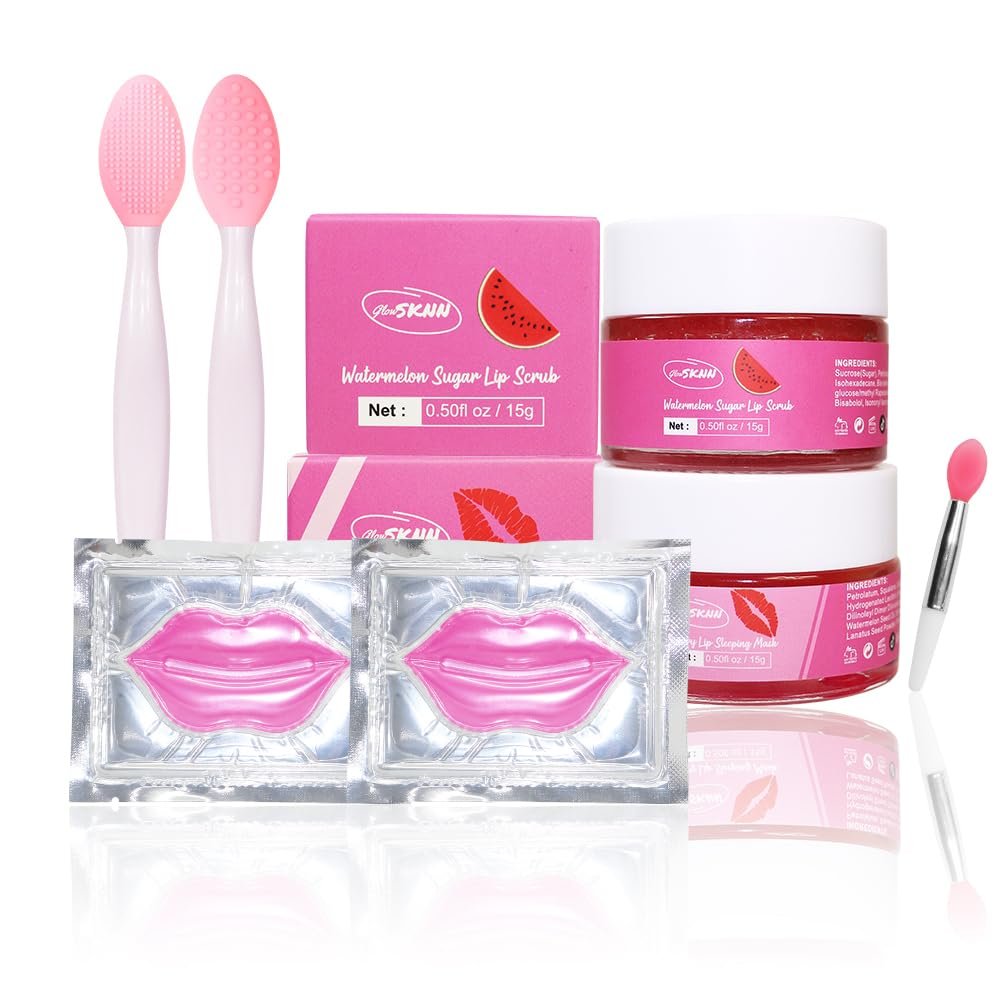 NinthAvenue Basics Six in one Lip care kit Pack consist of a Lip sleeping Mask, a Exfoliate scrub, two Hydrating sheet mask, and two exfoliate double side silicone brush for day skin, Watermelon scented