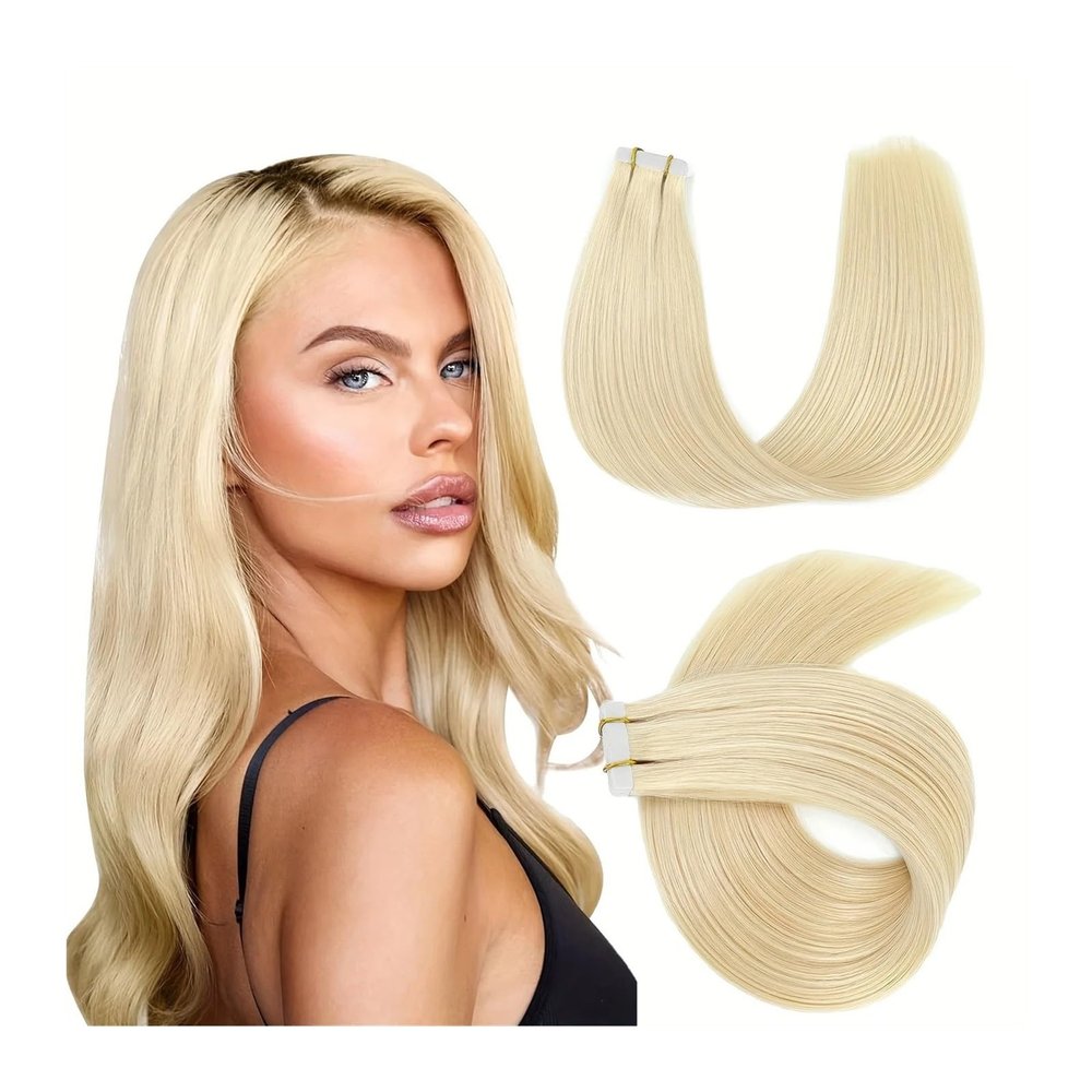 Tape in Hair Extensions Human Hair Blonde Tape in Extensions 613 Bleach Blonde Remy Hair Extensions Tape in 16-26 Inch Real Human Hair Extensions Seamless Straight Natural Hair Hair Extensions ( Size