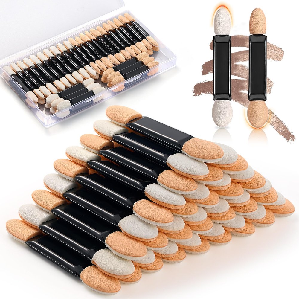 MORGLES 50Pcs Double Head Eyeshadow Applicators with A Container Sponge Makeup Applicators Cosmetic Tool Dual Sides Eye Shadow Brush