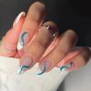 French Tip Press on Nails Almond Medium Fake Nails French Blue Line False Nails Glue on Nails Glossy Acrylic Nails for Women Nude Artificial Nails 24 Pcs view 1