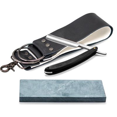 Grandslam Straight Razor Shave Ready Handmade Sharpened, 420 Steel Straight Razor Blade, 2 Layers Long Leather Canvas Strop, Sharpening Stone,2 Side Grit 3000 Waterstone Knife Sharpener