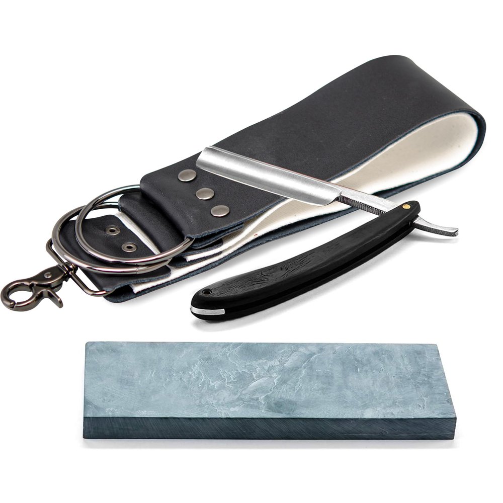 Grandslam Straight Razor Shave Ready Handmade Sharpened, 420 Steel Straight Razor Blade, 2 Layers Long Leather Canvas Strop, Sharpening Stone,2 Side Grit 3000 Waterstone Knife Sharpener
