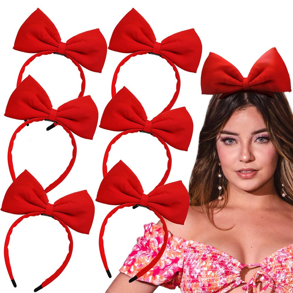 Aswitnove 6 Pcs Bow Headbands for Women Grosgrain Ribbon Red Hair Bow Knot Hair Hoop Cute Hair Accessories for Women Christmas Birthday Cosplay Style A