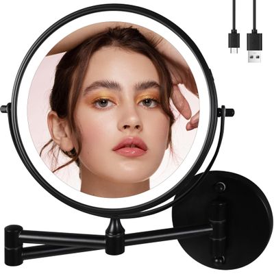9" Large Black Wall Mount Magnifying Mirror With Light, TUSHENGTU 3000mAh Rechargeable Lighted Makeup Vanity Mirror Wall Mounted Swing Arm,10X/1X Magnifying Vanity Mirror for Bathroom 360Double Sided
